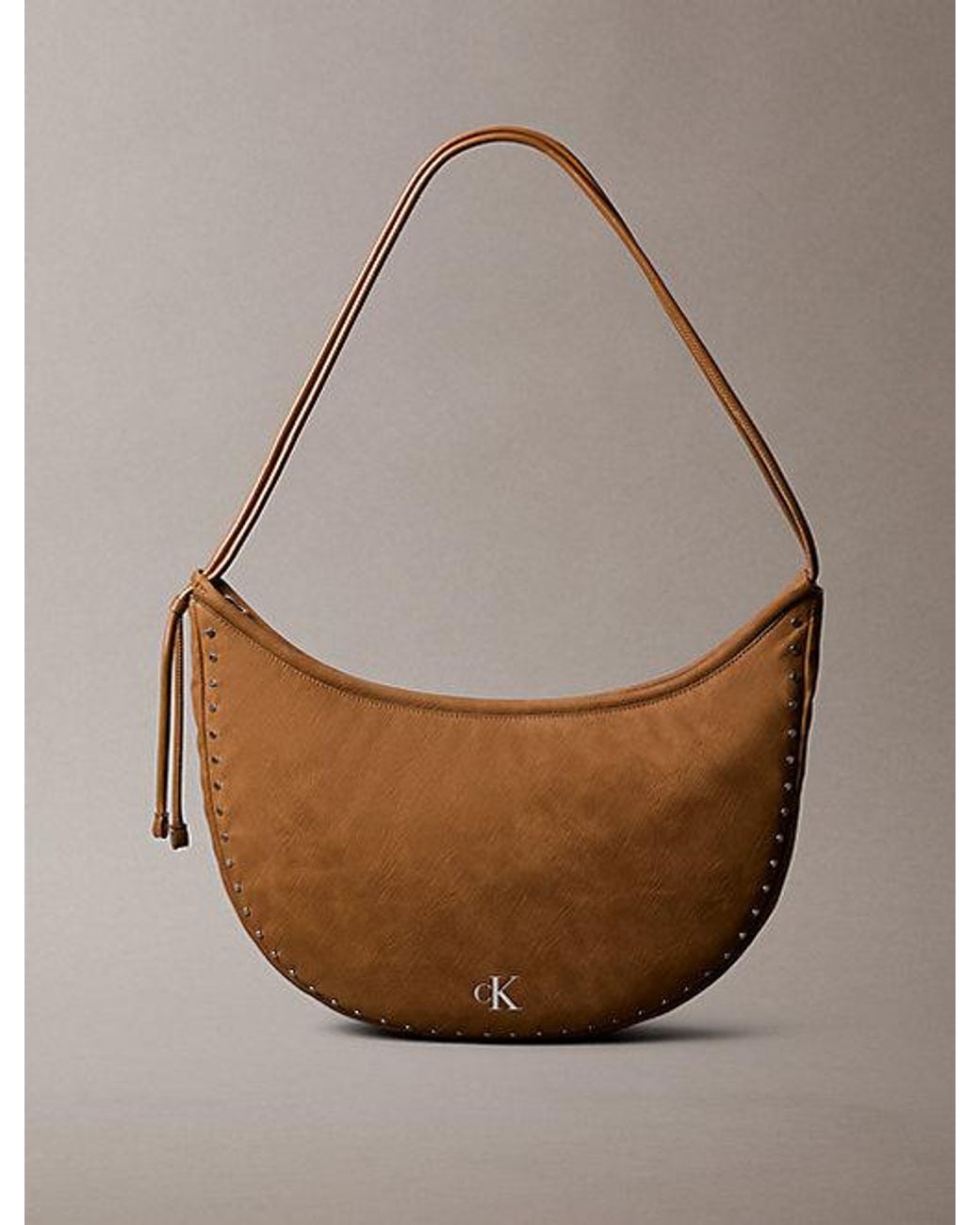 Calvin Klein Brown Convertible Studded Crescent Hobo Bag