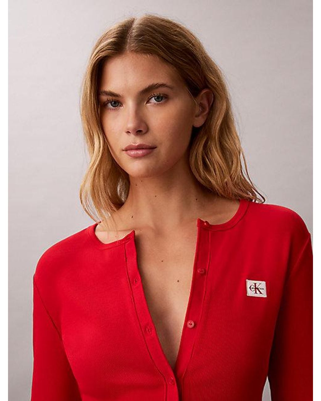 Calvin Klein Red Jeans Woven Monologo Rib Cardigan