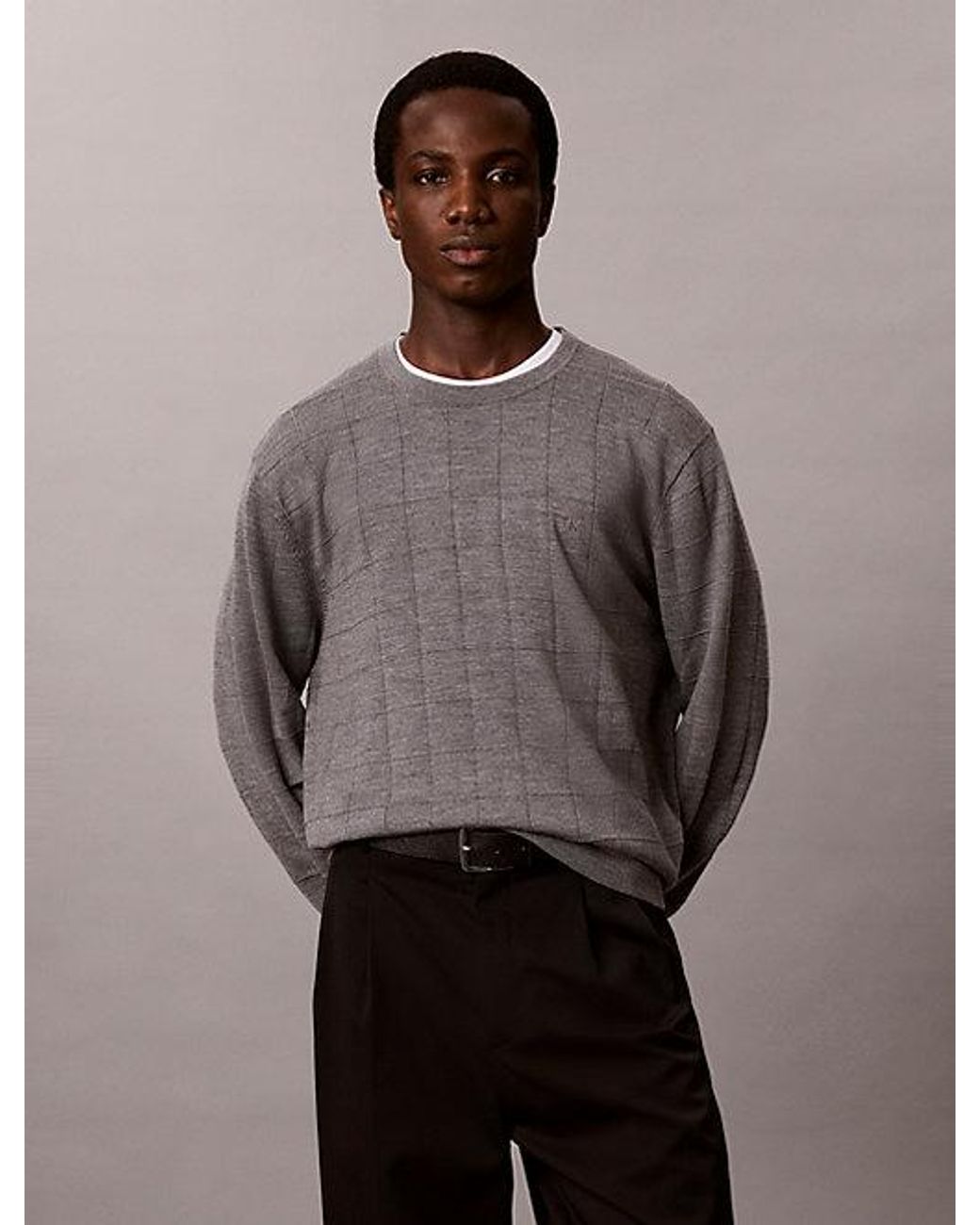 Calvin Klein Gray Merino Wool Grid Jumper for men