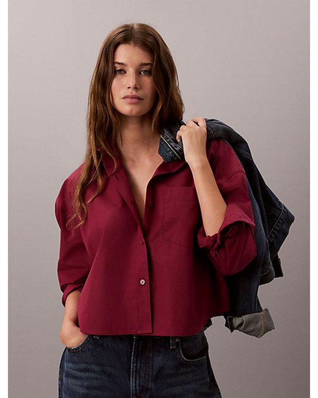 Calvin Klein Red Jeans Woven Monologo Cropped Poplin Button Down Shirt