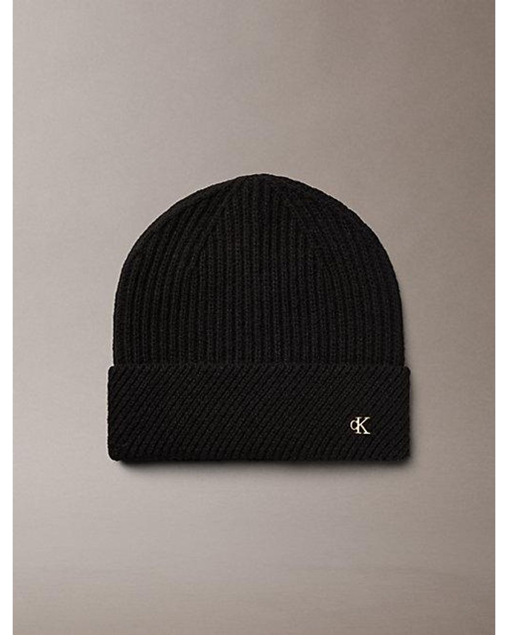 Calvin Klein Black Wool Blend Monogram Beanie