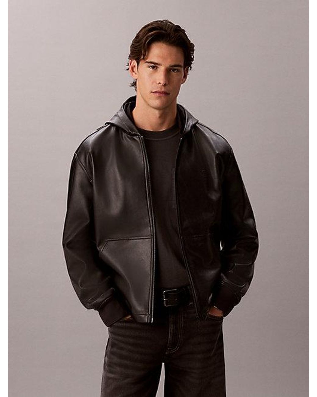 Calvin Klein Black Jeans Hooded Faux Leather Bomber Jacket for men