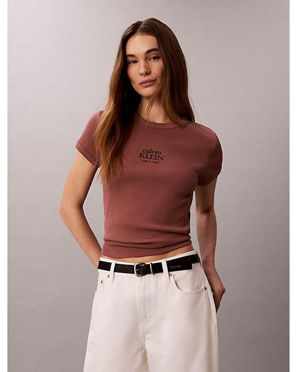 Calvin Klein Brown Jeans Slim Ribbed Cotton Logo T-Shirt