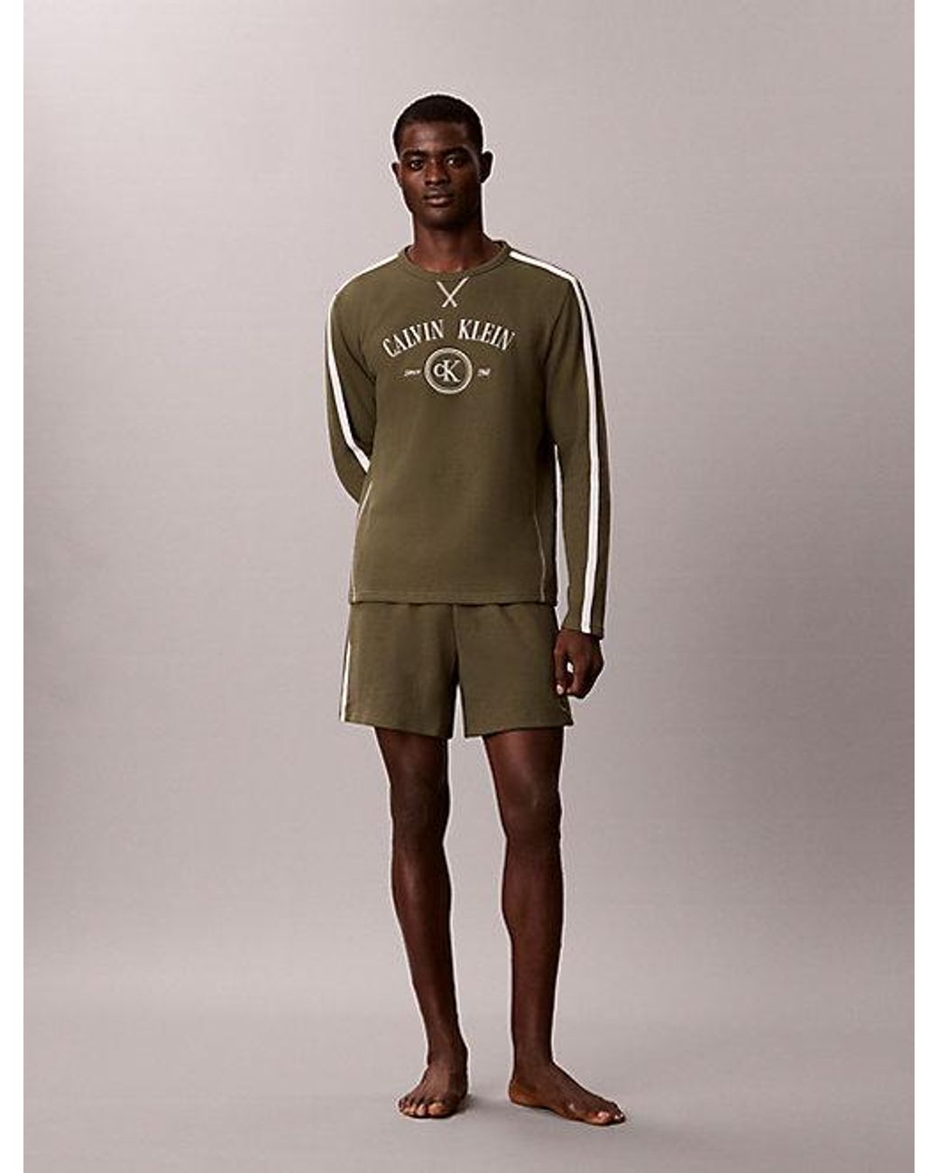 Calvin Klein Green Brushed Waffle Long Sleeve Lounge T-Shirt for men