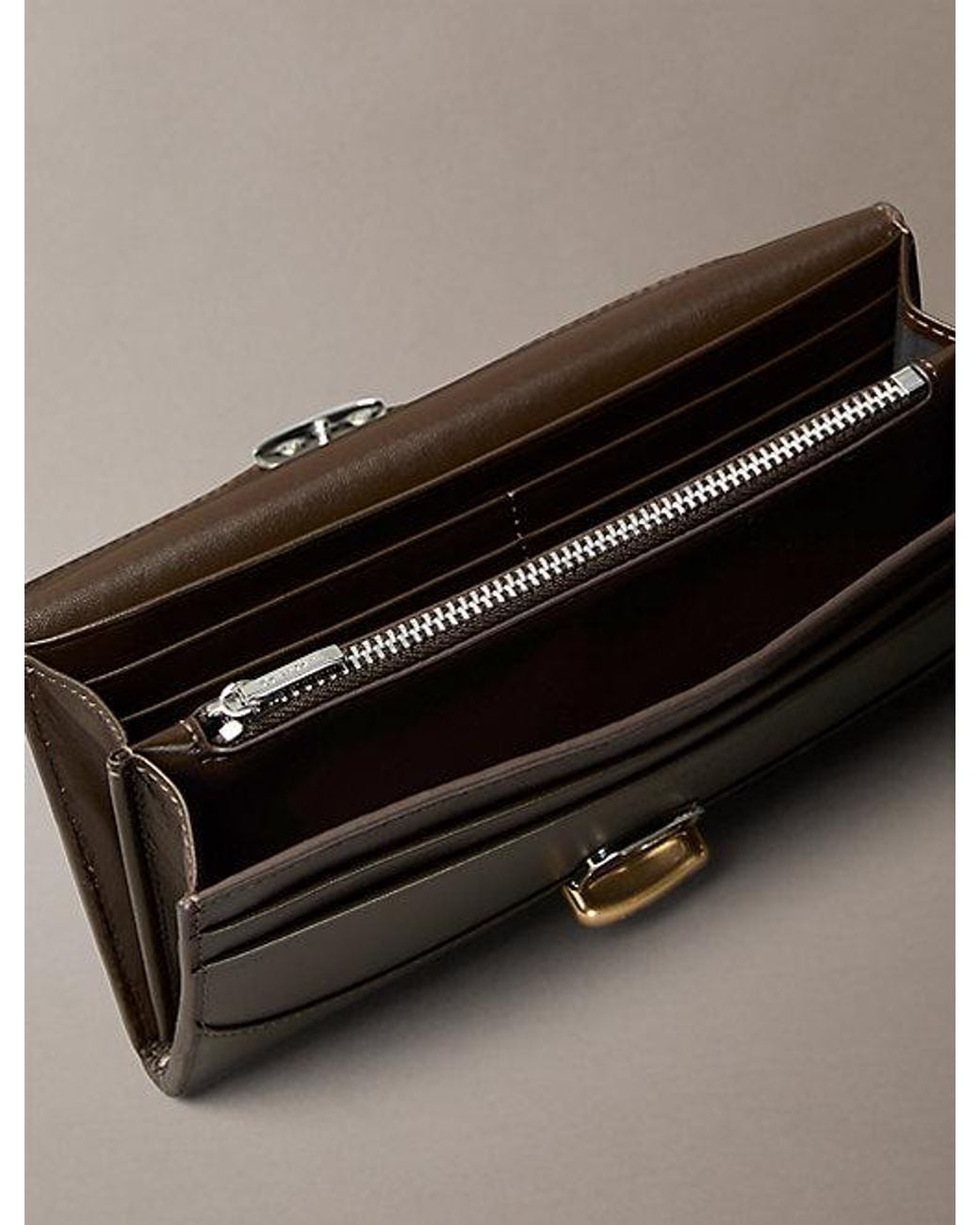 Calvin Klein Brown Leather Sculptural Long Trifold Wallet