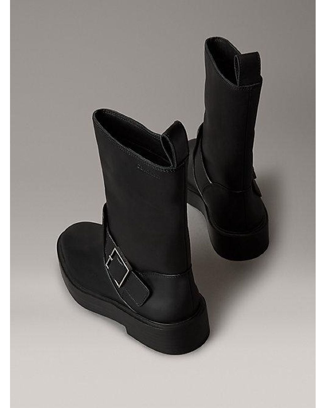 Calvin Klein Black Jeans Leather Stacked Heel Biker Boots
