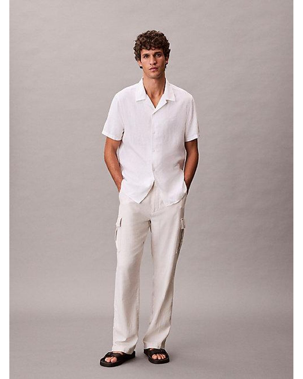Calvin Klein White Linen Blend Classic Button Down Shirt for men