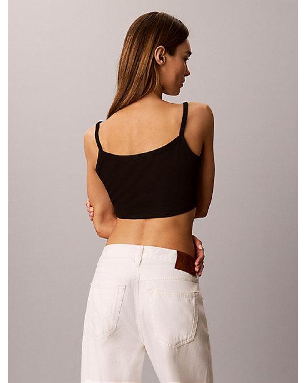 Calvin Klein Cropped Geribbelde Camitop in het Black