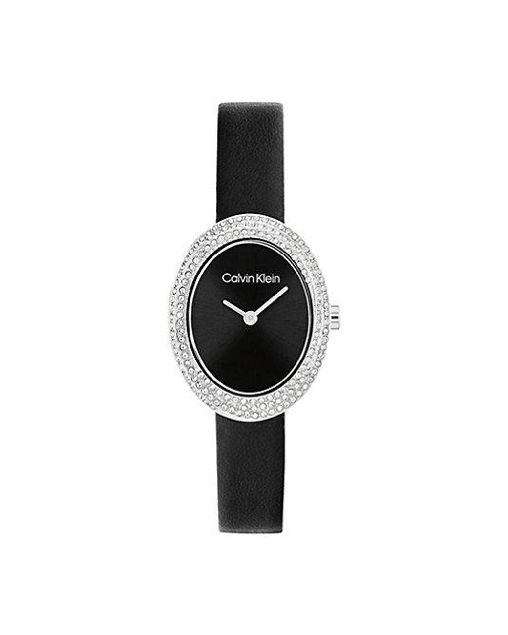 Calvin Klein White Oval Crystal Leather Strap Watch