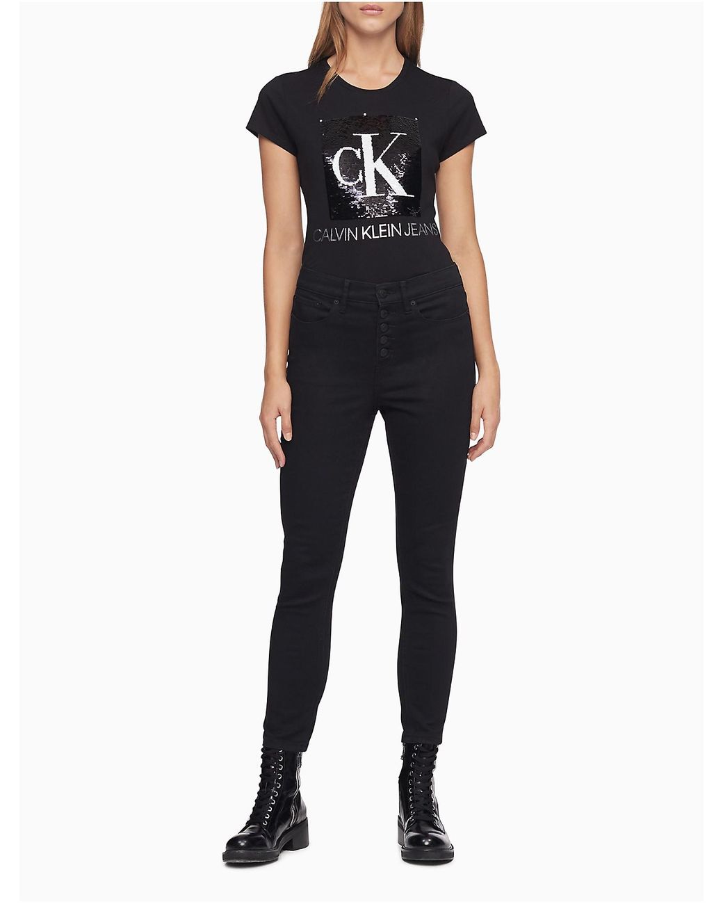 Calvin Klein Sequin Monogram Logo Crewneck T-shirt in Black | Lyst