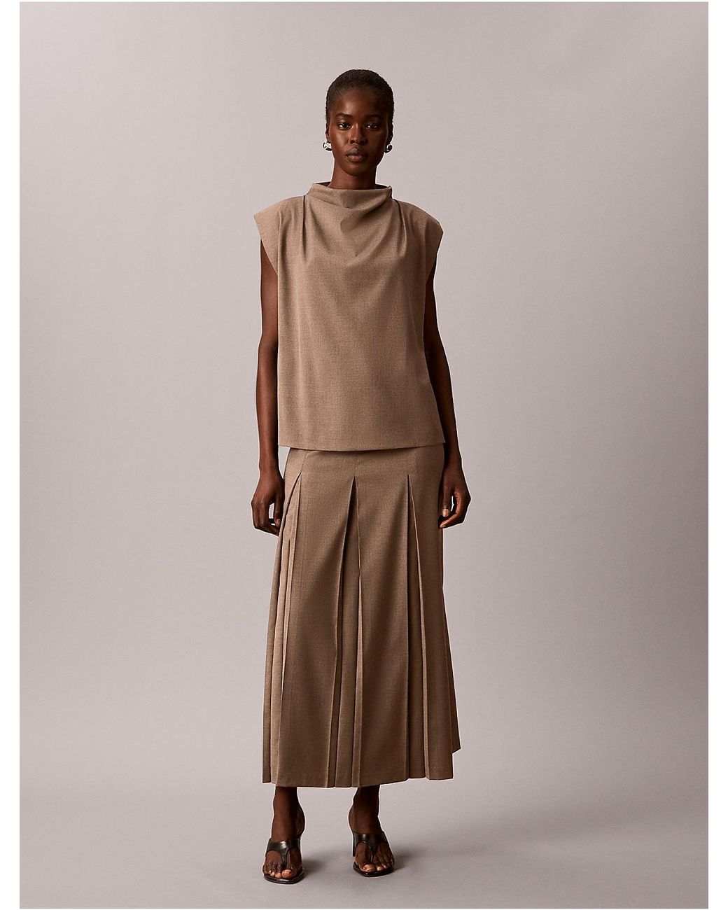 Calvin Klein Brown Stretch Drape Neck Belted Shell