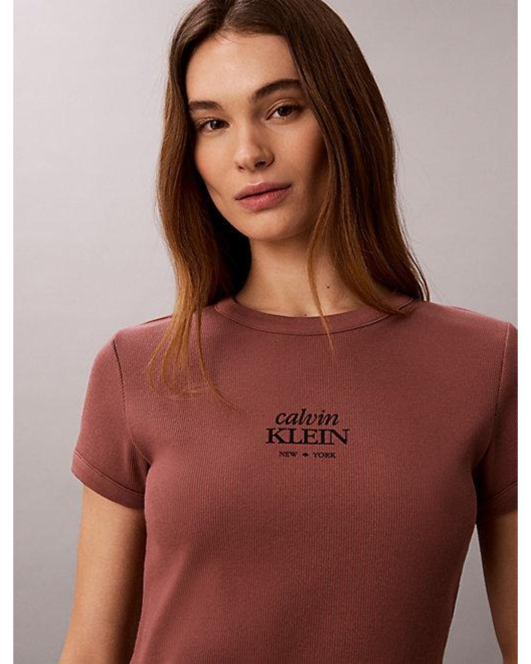 Calvin Klein Brown Jeans Slim Ribbed Cotton Logo T-Shirt