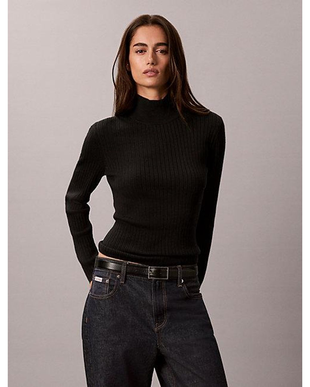 Calvin Klein Black Merino Wool Ribbed Turtleneck Jumper