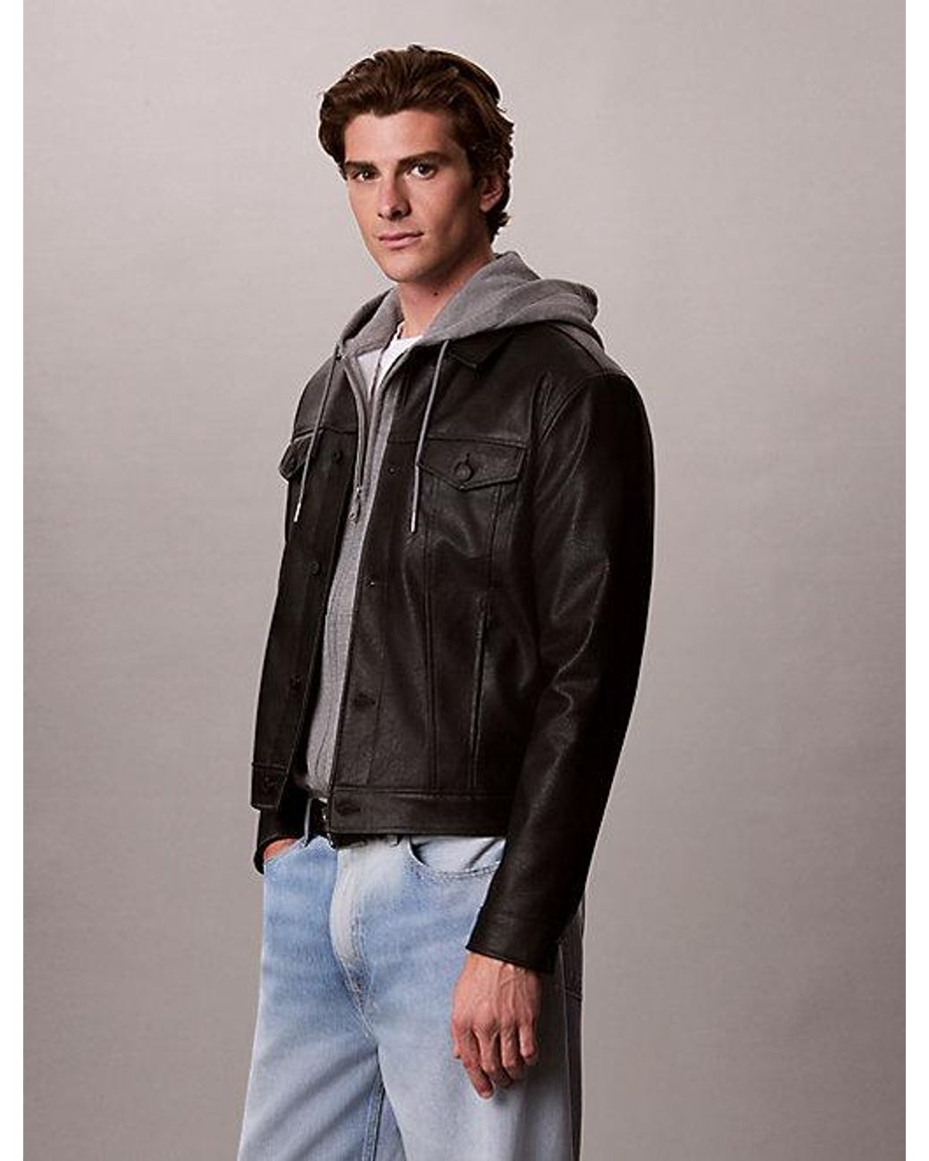 Calvin Klein Black Jeans Faux Leather Trucker Jacket for men