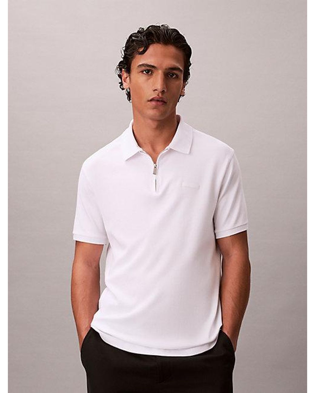 Calvin Klein White Slim Zip Neck Polo Shirt for men