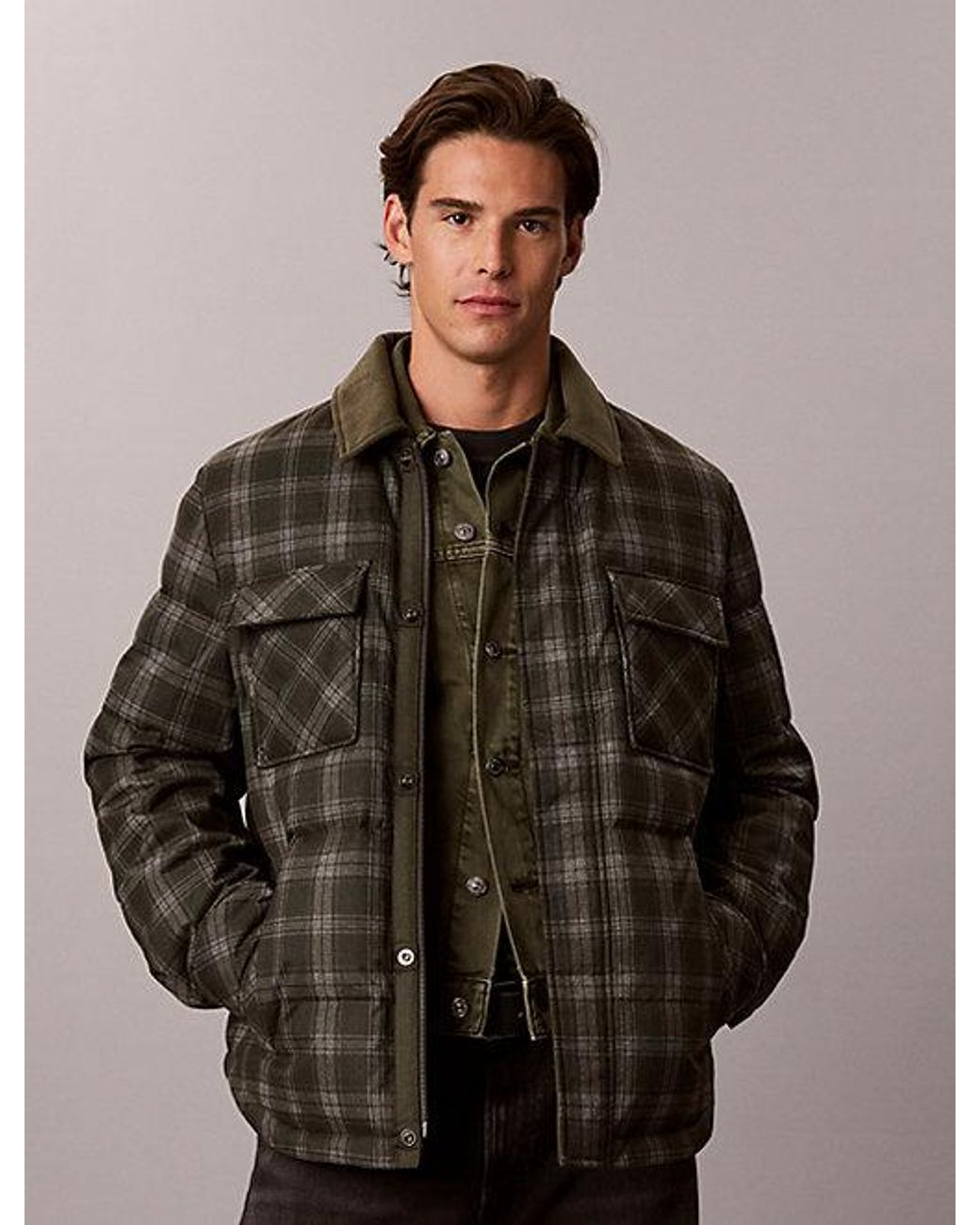 Calvin Klein Brown Jeans Check Down Puffer Shirt Jacket for men