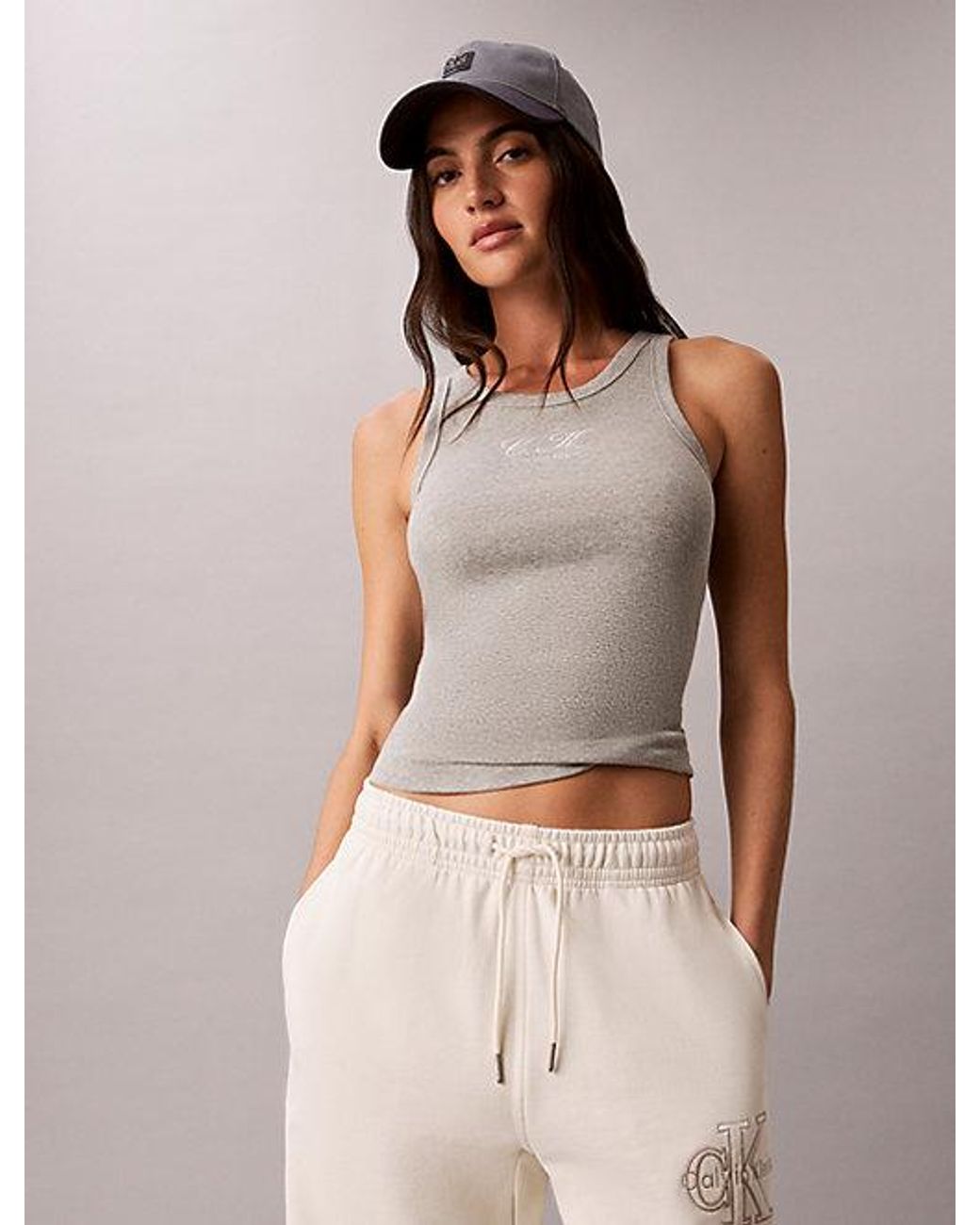 Calvin Klein Brown Jeans Embroidered Ck Logo Rib Tank Top