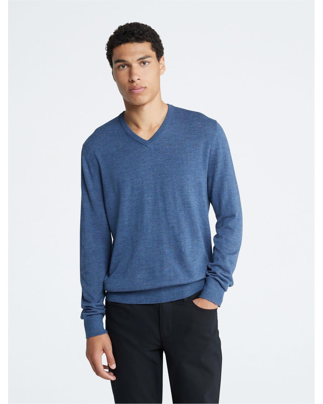 Calvin Klein Extra Fine Merino Wool Blend V neck Sweater in Blue