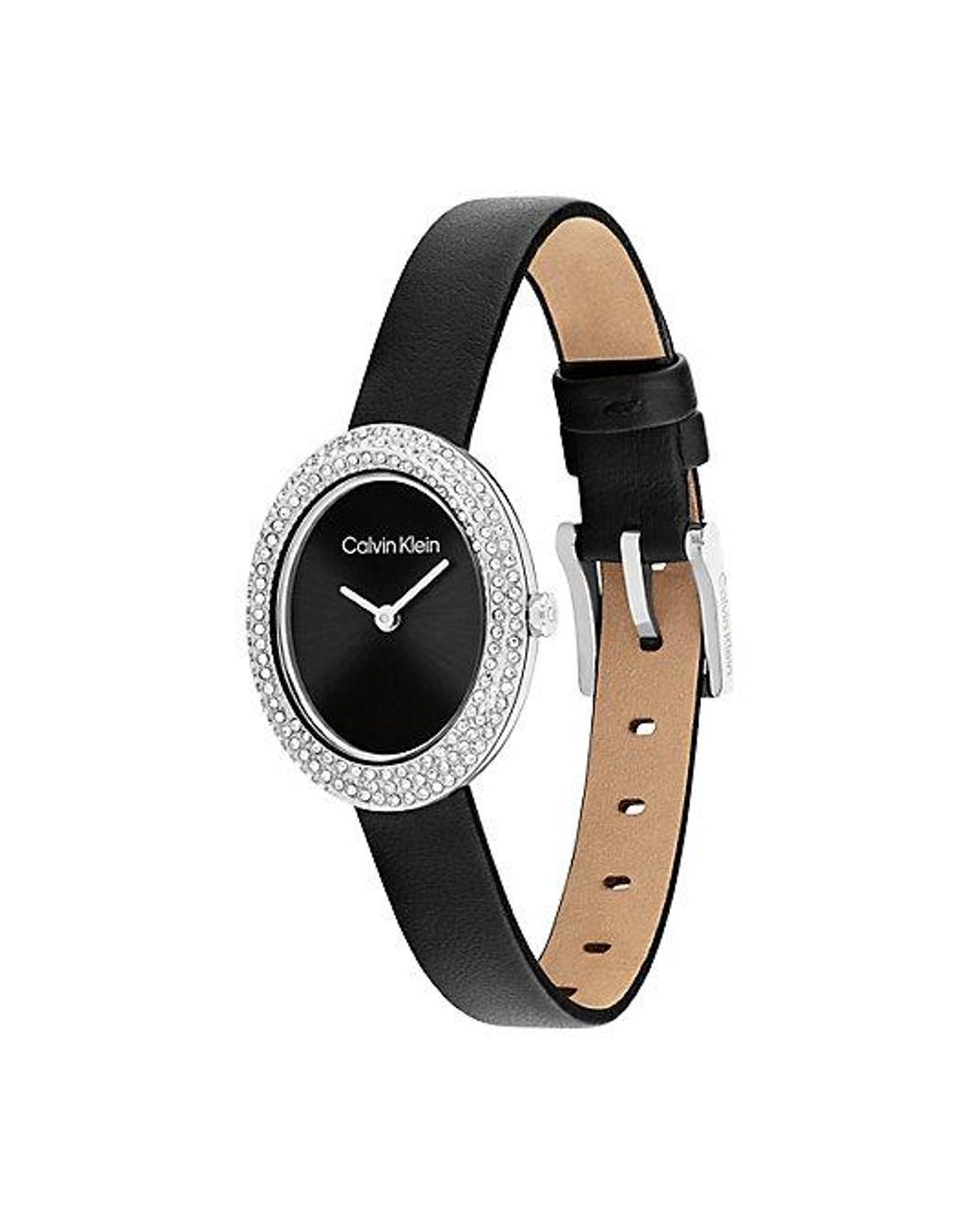 Calvin Klein White Oval Crystal Leather Strap Watch