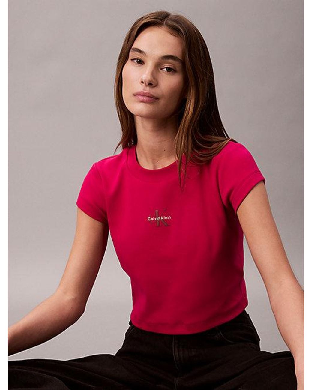Calvin Klein Red Jeans Slim Ribbed Cotton Logo T-Shirt