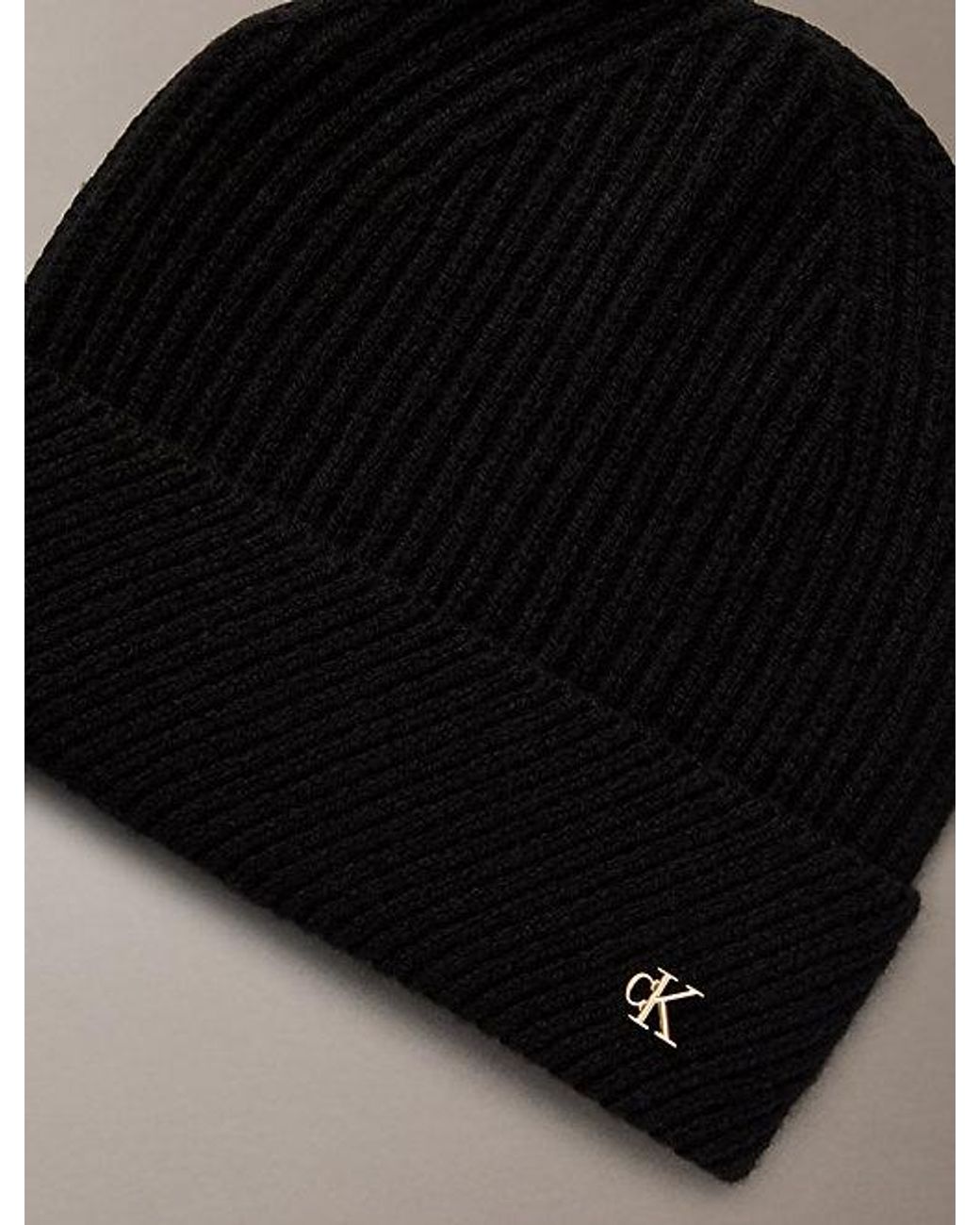 Calvin Klein Black Wool Blend Monogram Beanie