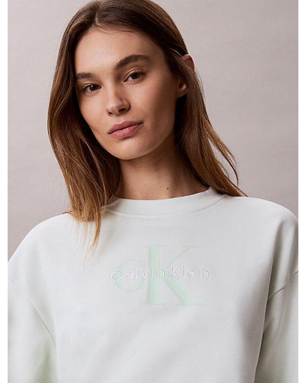 Calvin Klein White Jeans French Terry Monologo Crewneck Sweatshirt