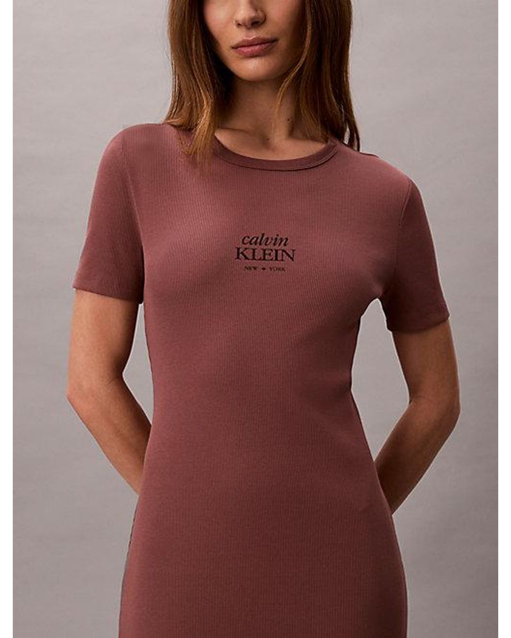 Calvin Klein Red Jeans Ribbed Cotton Logo Midi Dress
