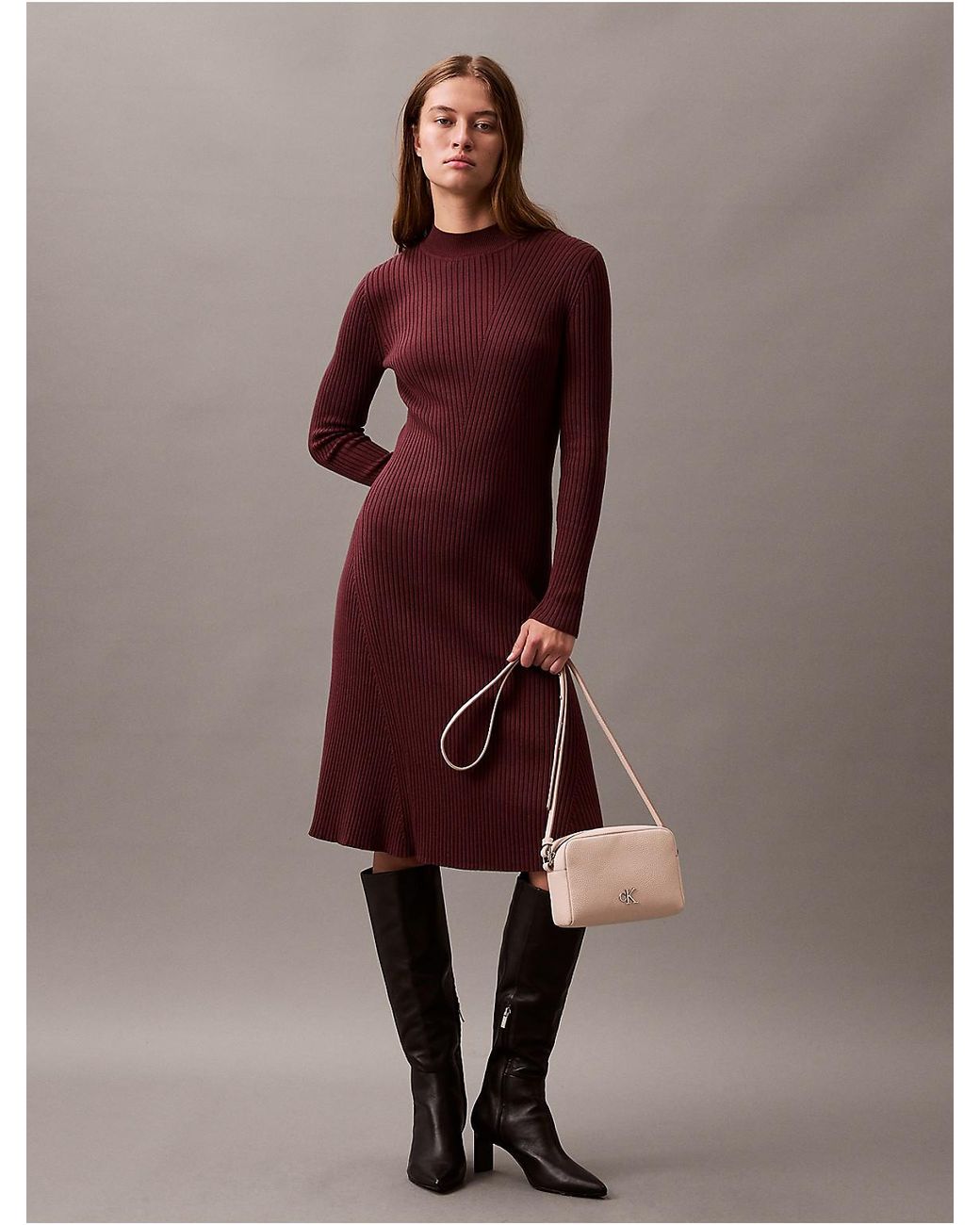 Calvin Klein Calvin Klein Smooth Cotton Rib Mock Neck Sweater Dress in  Purple | Lyst