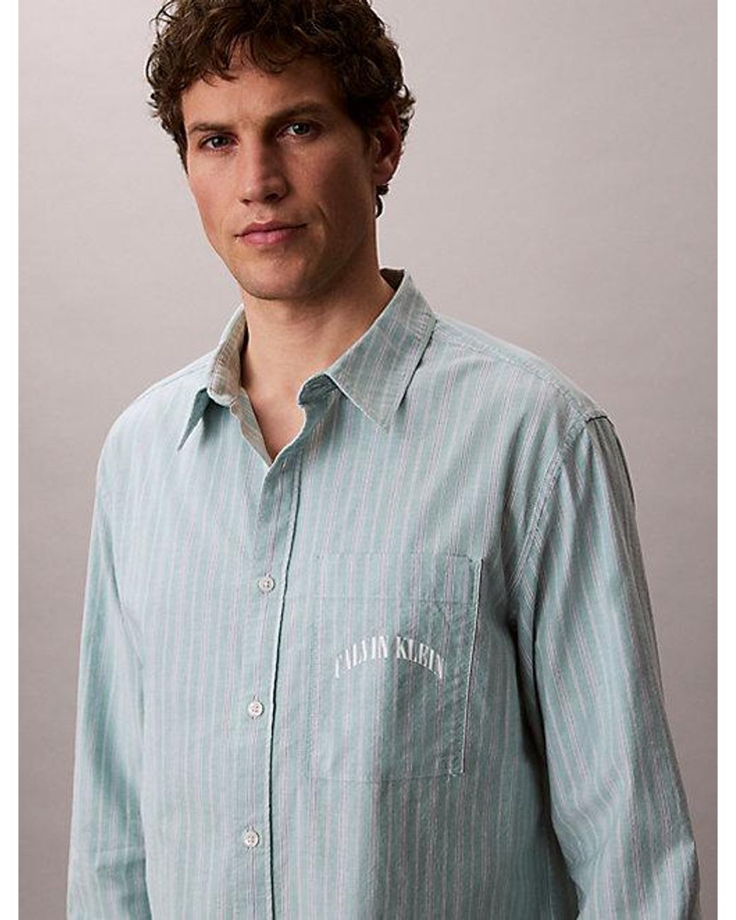 Calvin Klein Gray Jeans Stripe Relaxed Button Down Shirt for men