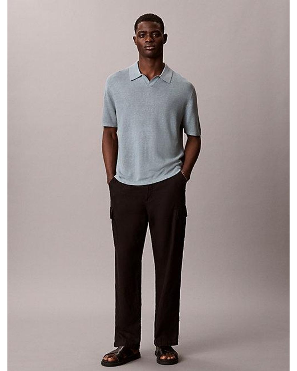 Calvin Klein Gray Linen Blend Open Collar Polo Shirt for men