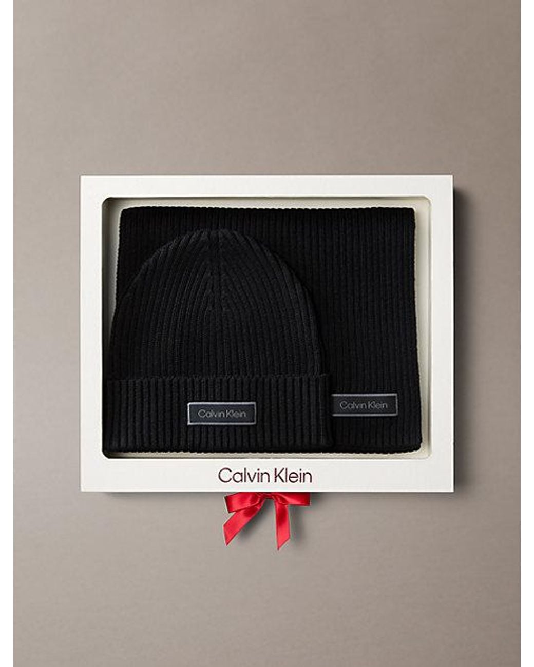 Calvin Klein Black Cotton Scarf And Beanie Gift Set for men