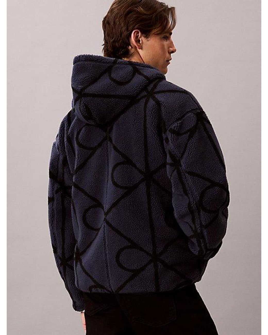 Calvin Klein Blue Jeans Sherpa Fleece Emblem Zip Hoodie for men