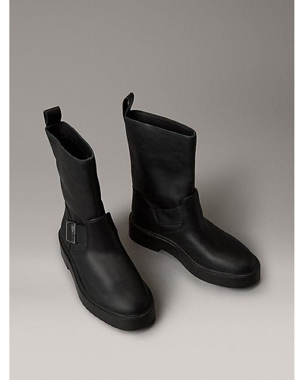 Calvin Klein Black Jeans Leather Stacked Heel Biker Boots