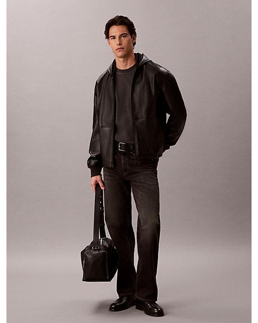 Calvin Klein Black Jeans Hooded Faux Leather Bomber Jacket for men
