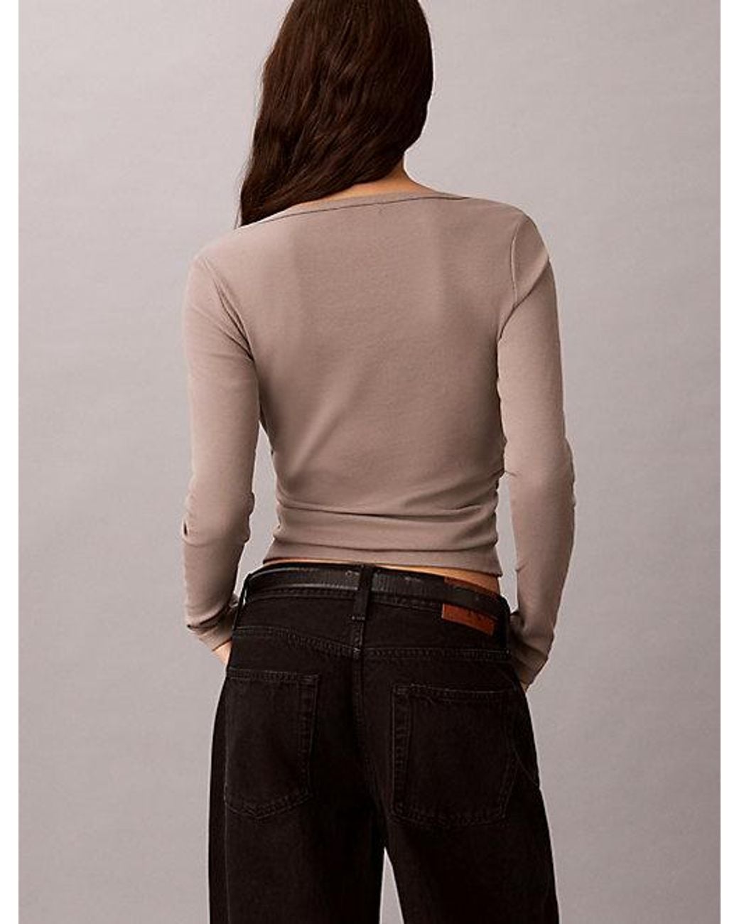 Calvin Klein Gray Jeans Ruched Cotton Top With Metal Detail