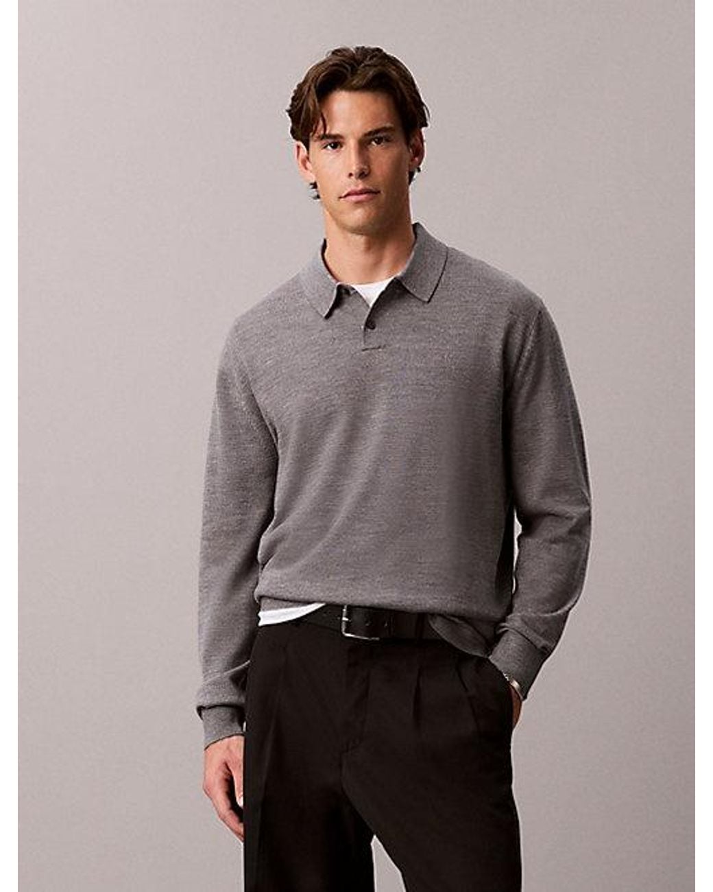 Calvin Klein Gray Merino Wool Polo Jumper for men