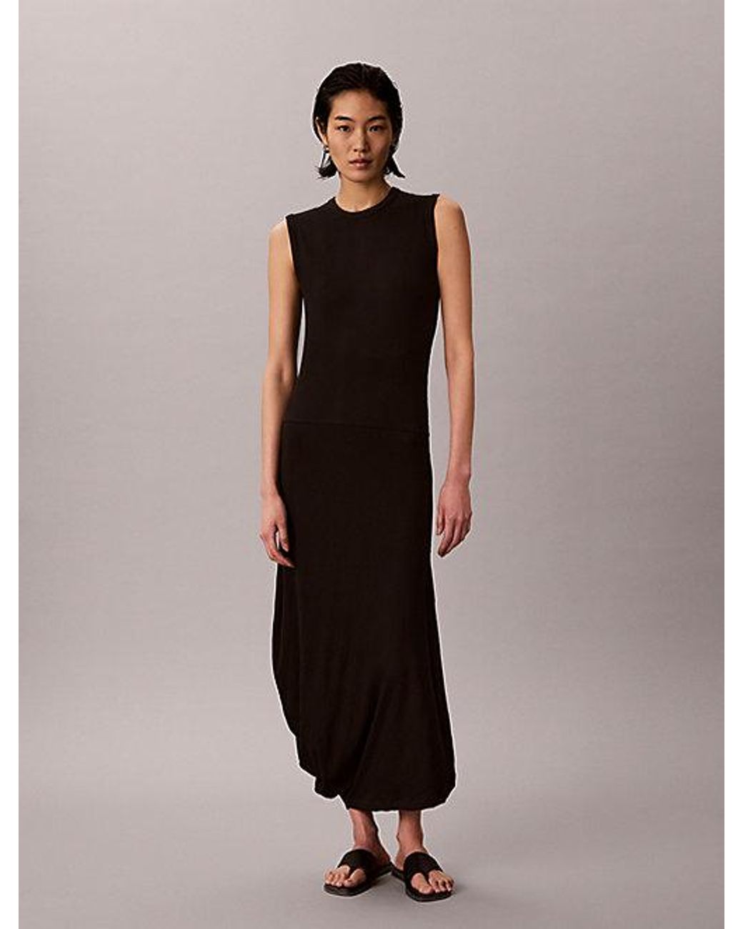 Calvin Klein Black Ribbed Cotton Asymmetric Midi Dress