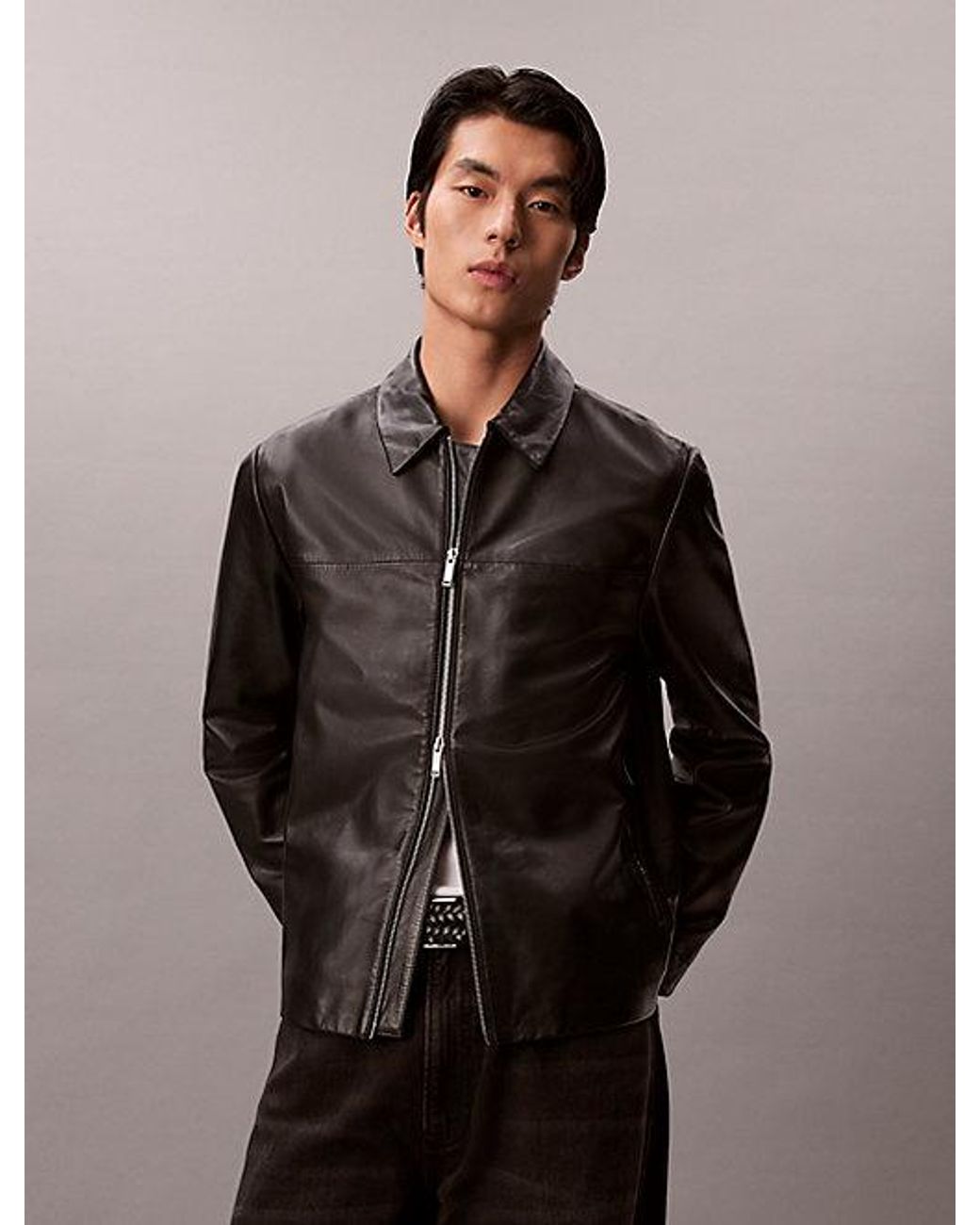 Calvin Klein Gray Nappa Leather Jacket for men