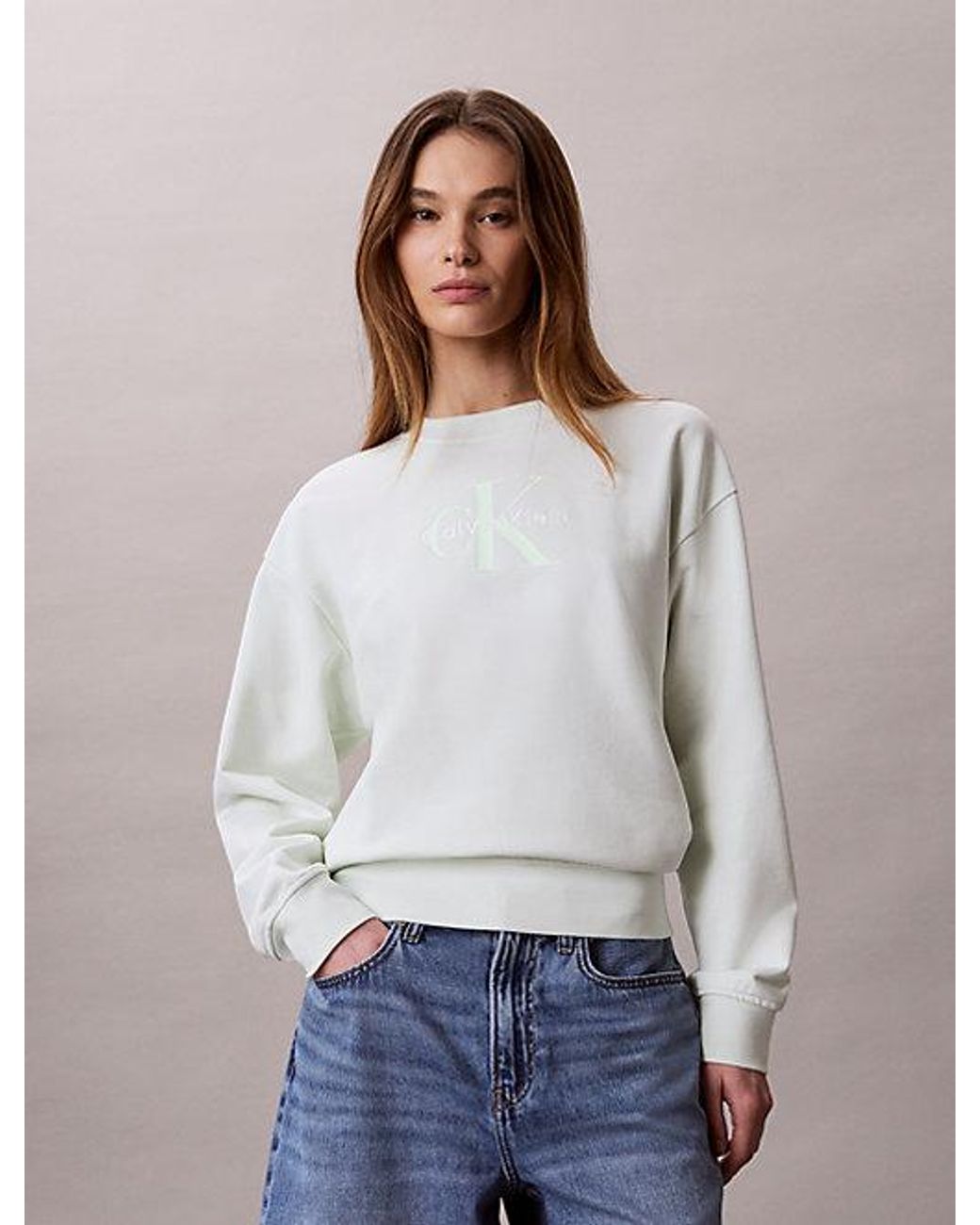 Calvin Klein White Jeans French Terry Monologo Crewneck Sweatshirt