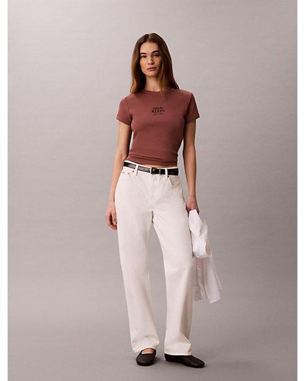 Calvin Klein Brown Jeans Slim Ribbed Cotton Logo T-Shirt