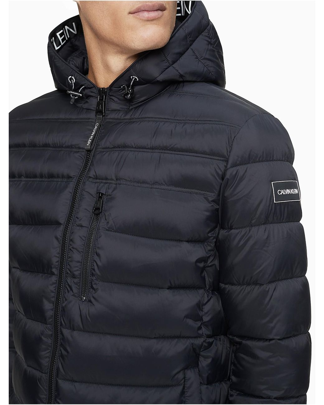 Calvin Klein Packable Logo Hooded Puffer Jacket in Black for Men | Lyst