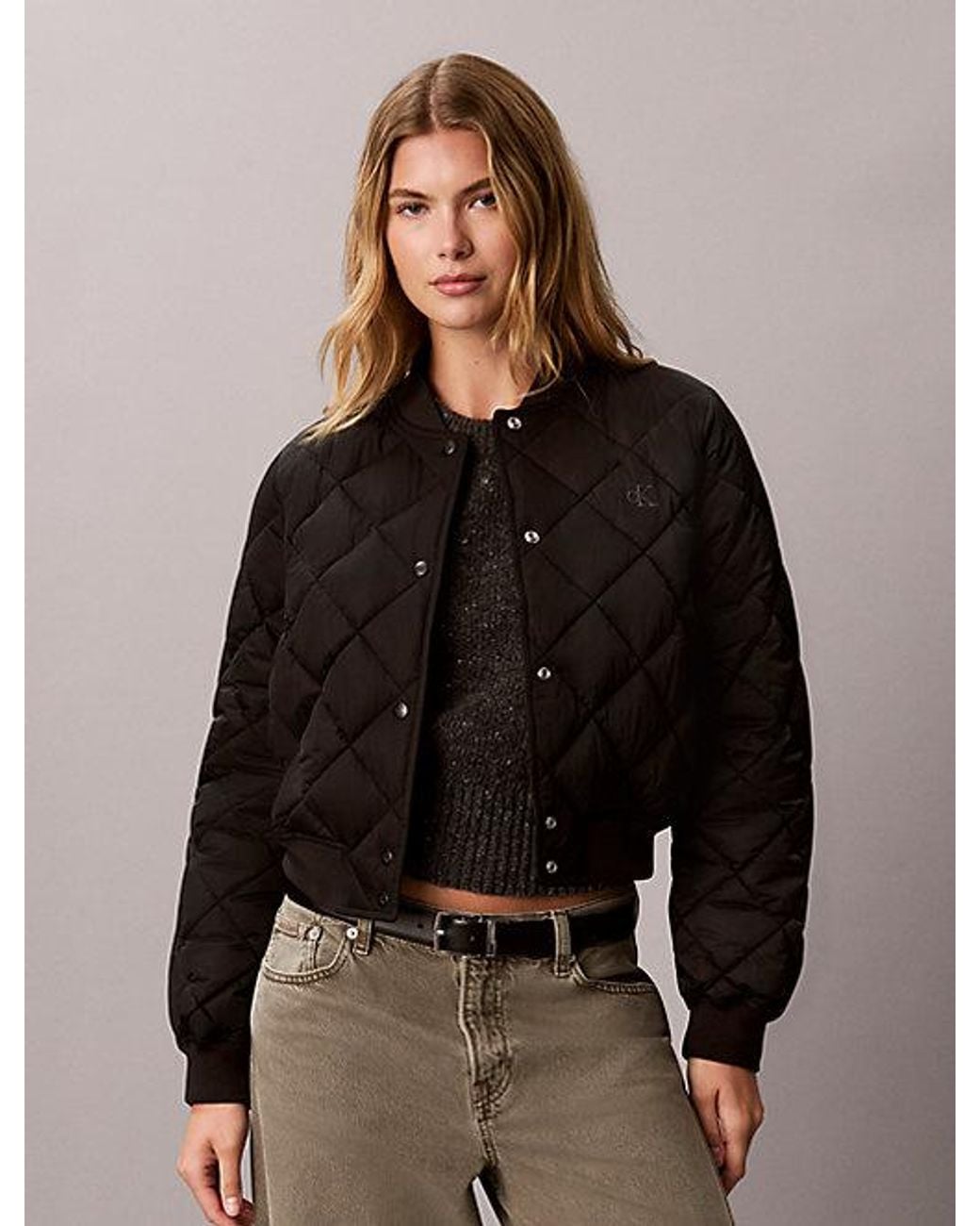 Calvin Klein Black Jeans Satin Quilted Bomber Jacket