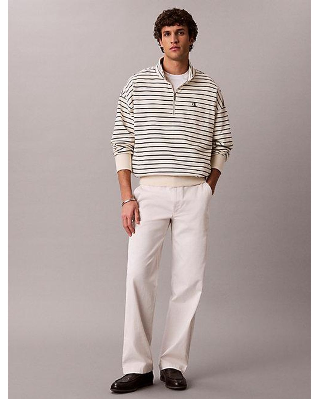 Calvin Klein White Relaxed Stripe Quarter Zip Sweatshirt for men