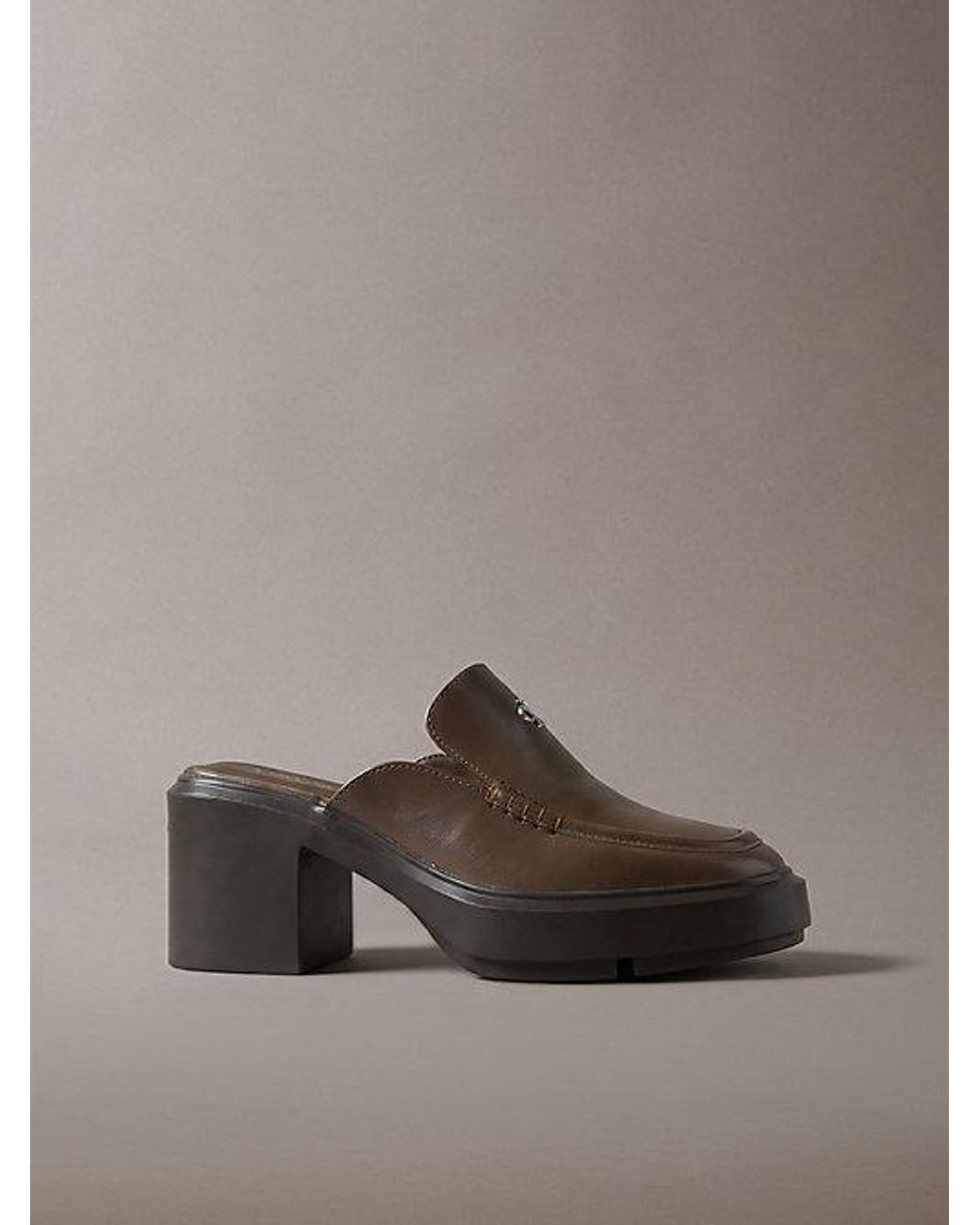 Calvin Klein Brown Leather Platform Block Heel Mules