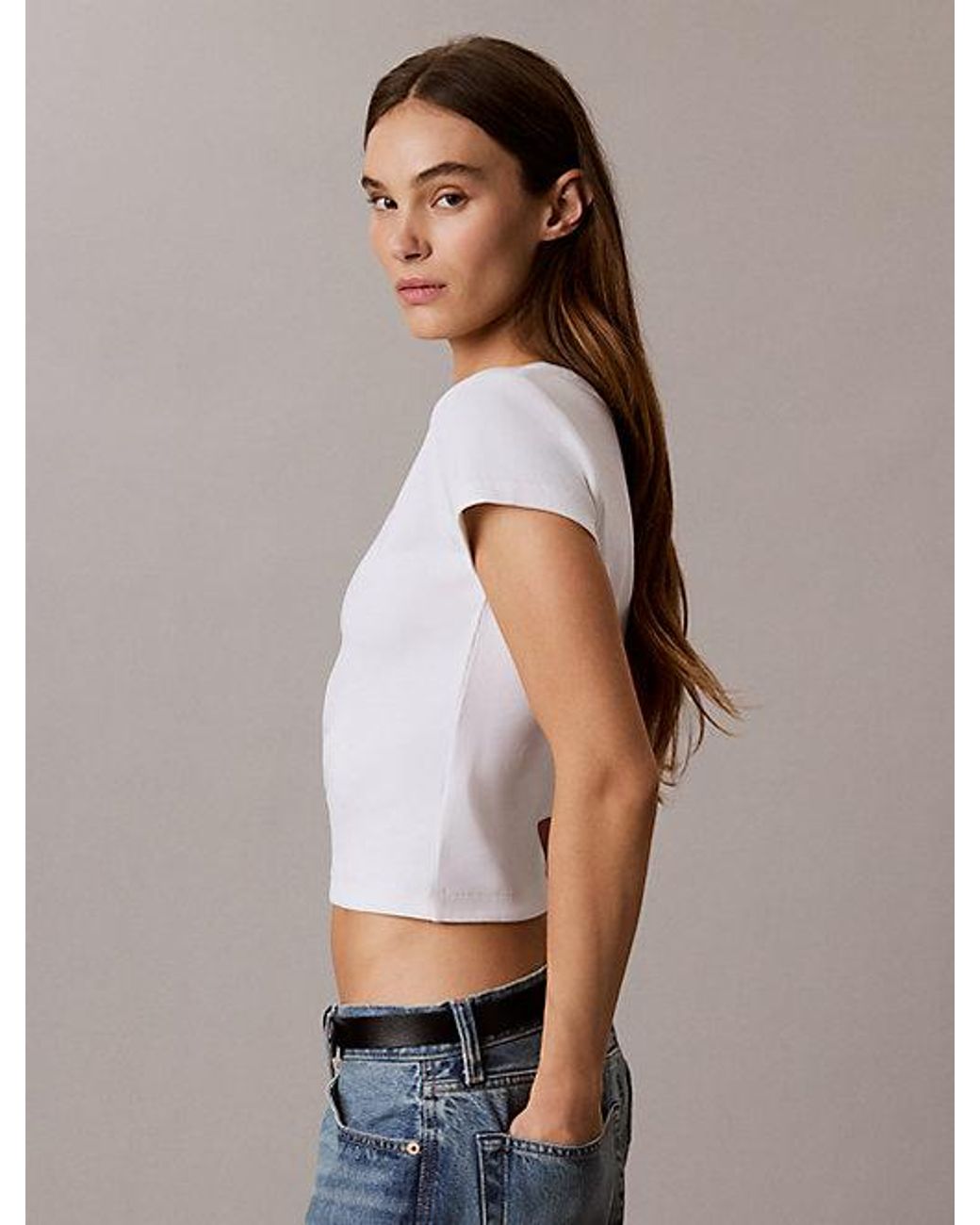 Calvin Klein White Jeans Woven Monologo Rib Baby Tee