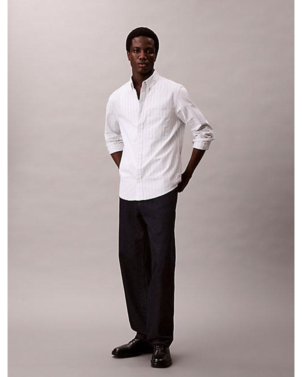Calvin Klein White Jeans Stripe Oxford Classic Button Down Shirt for men
