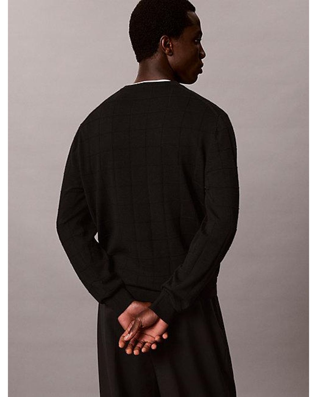 Calvin Klein Black Merino Wool Grid Jumper for men