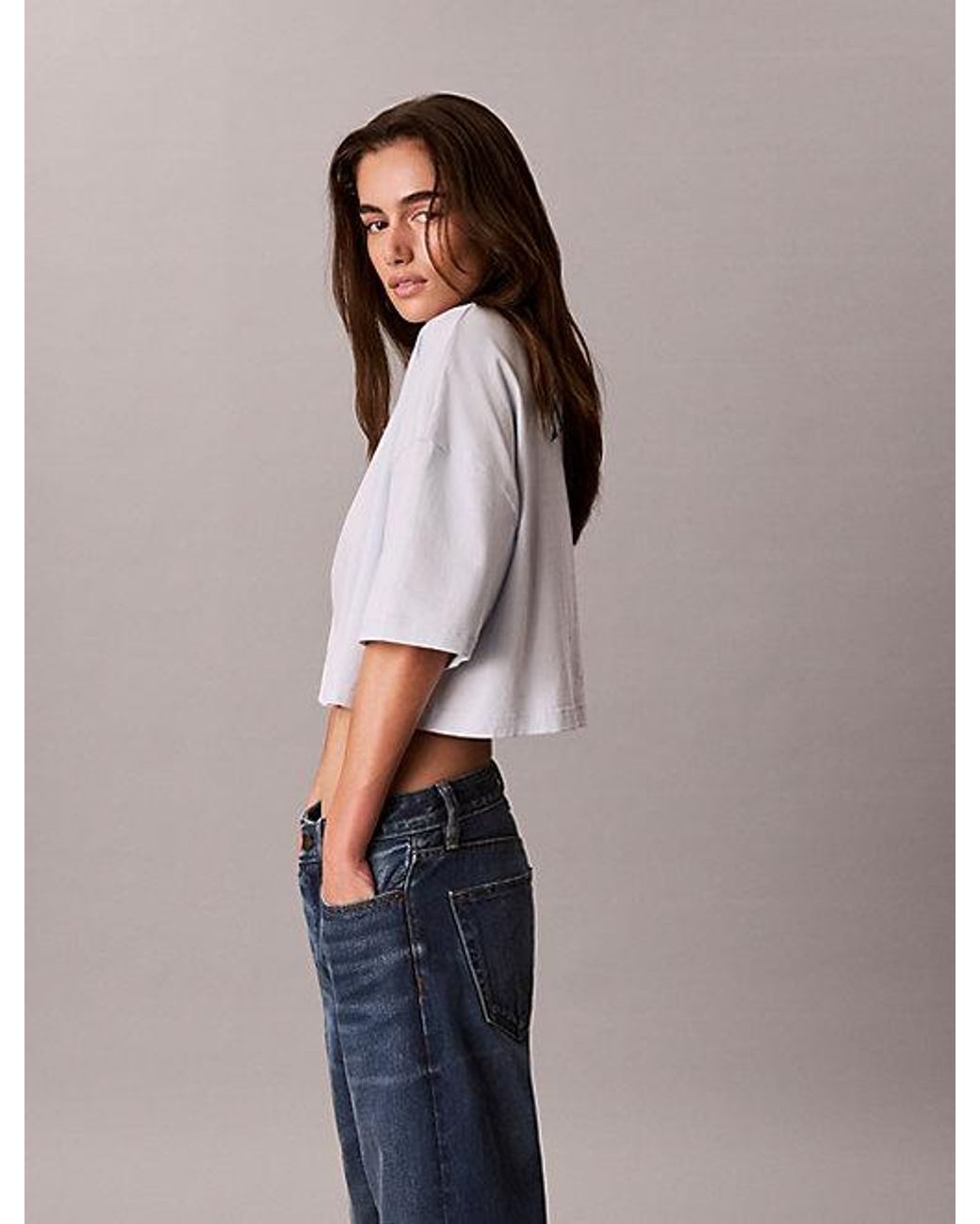 Calvin Klein Purple Jeans Cropped Varsity Logo T-Shirt