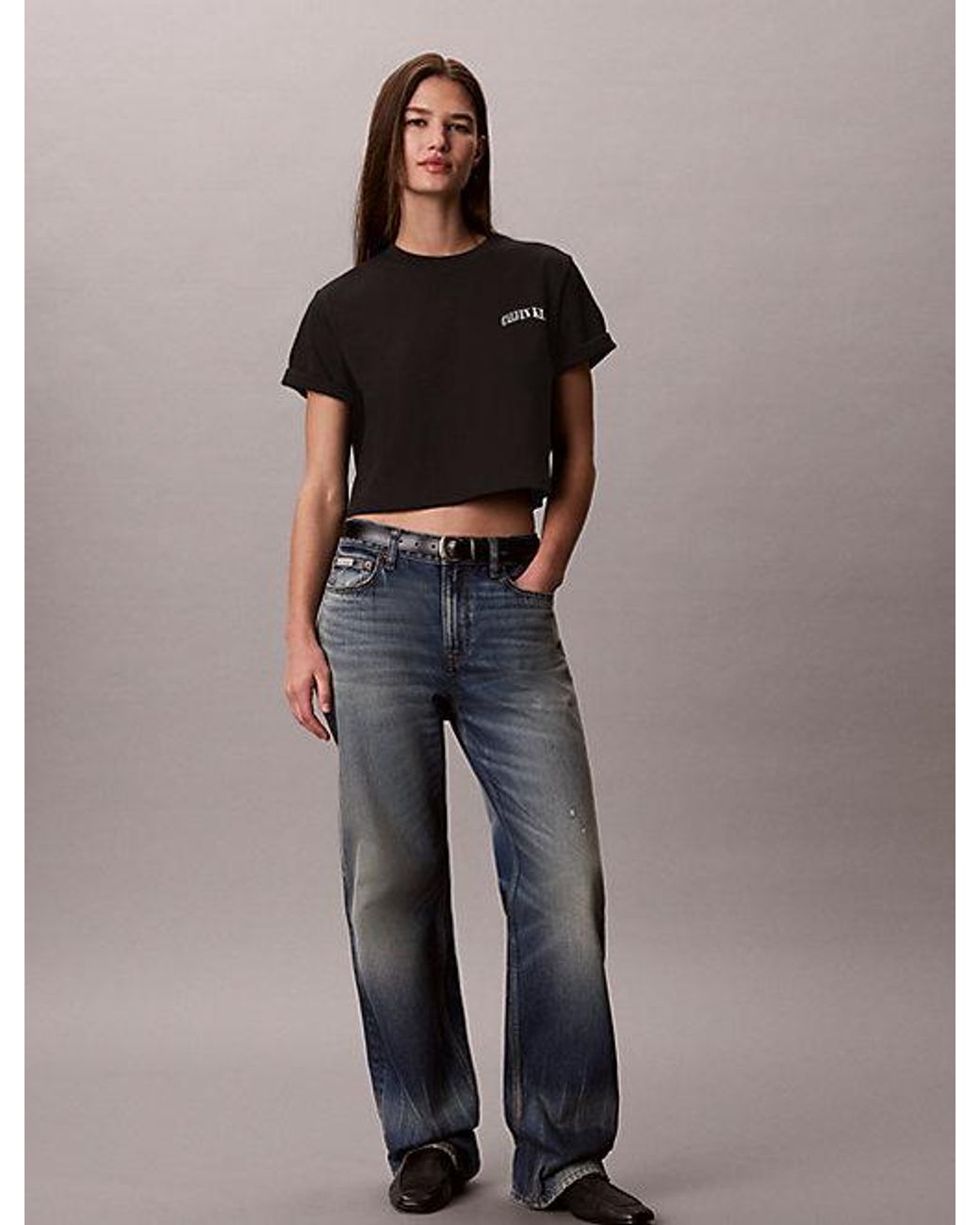 Calvin Klein Black Jeans Boxy Embroidered Logo T-Shirt