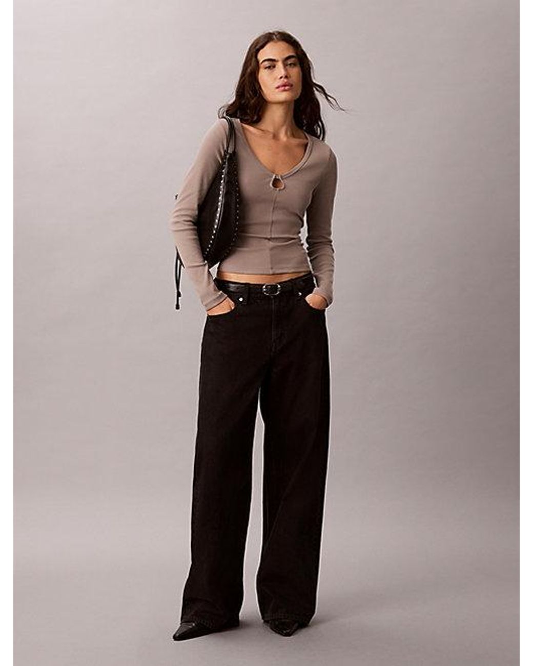 Calvin Klein Gray Jeans Ruched Cotton Top With Metal Detail